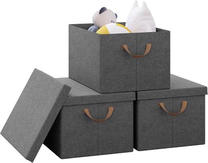 Lot De 3 Boîte De Rangement En Tissu Non Tissé,Coffre De Rangement Avec Couvercle,43x33x26cm,Gris