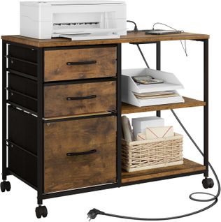 Caisson Bureau à Roulettes Avec Station De Charge,3 Tiroirs,2 Prises,2 Ports Usb,marron Rustique