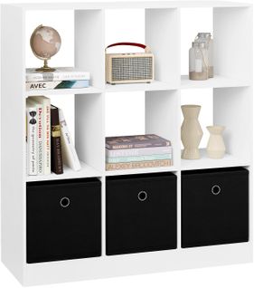 Bibliothèque, Étagère Rangement, Meuble De Rangement Cube, Avec 9 Casiers, 3 Tiroirs En Tissu, Blanc