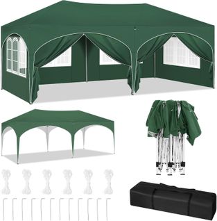 Tonnelle De Jardin Pliante Avec 6 Parois Latérales,Imperméable,Avec Sac De Transport,3x6m,Vert