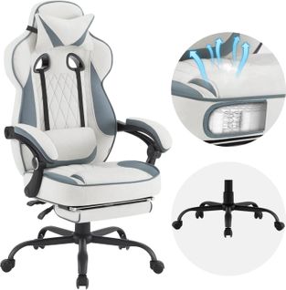 Fauteuil Gamer Pivotante, Chaise Bureau, En Tissu Leathaire, Hauteur Réglable, Bleu+Blanc