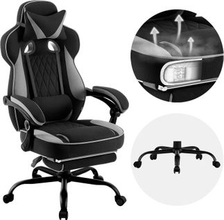 Fauteuil Gamer Pivotante,Hauteur Réglable,Chaise De Bureau Avec Réssorts, En Tissu Maillé, Noir+Gris