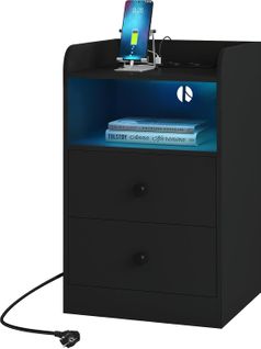 Table De Chevet Avec Prises Électriques, Ports USB Et Lumière LED, En Panneaux E1, Noir