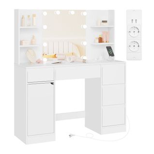 Coiffeuse Avec Miroir Et Multiprise, Luminosité Réglable, Table De Maquillage, 110x40 Cm, Blanc