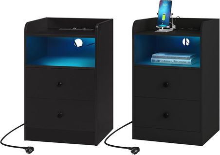 Lot De 2 Table De Chevet Avec Prises Électriques, Ports USB Et Lumière LED, En Panneaux E1, Noir