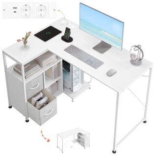 Bureau D'angle, Table D'ordinateur Avec Prises Et Port USB-a Typ-c,étagère Réversible,120x80cm,Blanc