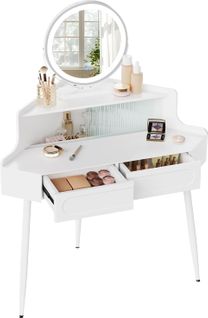 Coiffeuse D'angle, Avec Miroir LED à Luminosité Réglable, Avec 1 Casier Avec Portes En Verre, Blanc