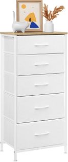 Commode, Meuble De Rangement Avec 5 Tiroirs En Tissu, En Mdf, Blanc Nuage + Chêne Beige