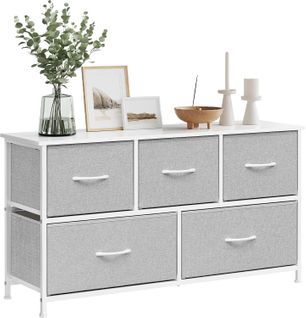 Commode, Meuble De Rangement, 5 Tiroirs En Tissu, En Bois D'ingénierie, Gris Tourterelle+Blanc Nuage