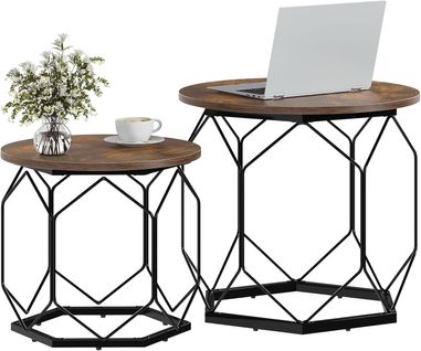 Lot De 2 Tables Basses, Table De Salon, Avec Plateau En Bois Composite, Effet De Bois Brûlé