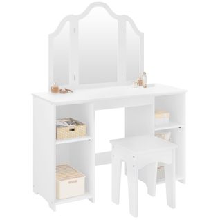 Coiffeuse Pour Enfants Avec Tabouret Et Triple Miroir Amovible,petite Table De Maquillage,blanc,mdf