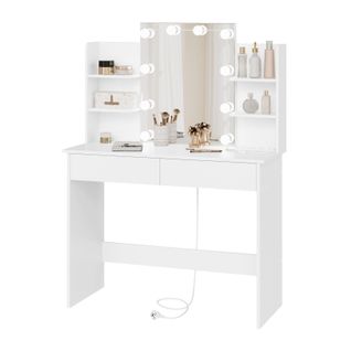 Coiffeuse Avec Miroir LED, Prises De Courant, Table De Maquillage, 90x135x40cm, Blanc