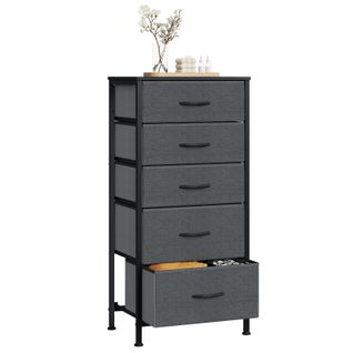 Commode Avec 5 Tiroirs En Tissu, Armoire En Mdf, Cadre En Métal, Chêne Noir + Gris Foncé