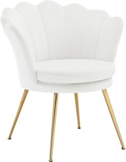 Fauteuil Salon, Dossier En Forme De Pétale, Chaise Coiffeuse En Velours, Pieds En Métal, Blanc