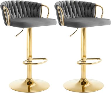 2 X Tabouret De Bar Avec Dossier Tissé + Repose-Pieds, Pivotant,Hauteur Réglable,En Métal,Gris Foncé