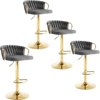 4 X Tabouret De Bar Avec Dossier Tissé + Repose-pieds,pivotant,hauteur Réglable,en Métal,gris Foncé
