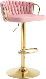 Tabouret De Bar Avec Dossier Tissé Et Repose-Pieds, Pivotant, Hauteur Réglable, En Métal, Rose