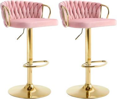 2 X Tabouret De Bar Avec Dossier Tissé Et Repose-Pieds, Pivotant, Hauteur Réglable, En Métal, Rose