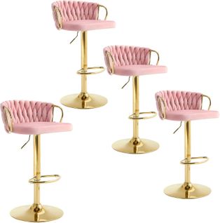 4 X Tabouret De Bar Avec Dossier Tissé Et Repose-Pieds, Pivotant, Hauteur Réglable, En Métal, Rose