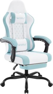 Chaise Gaming, Fauteuil Gamer, Avec Coussin à Ressorts, Soutien Lombaire, Tissu Maille, Blanc+bleu