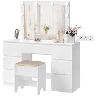 Coiffeuse Avec Miroir LED, Tabouret, Multiprise, Luminosité Réglable, 110x39,5x140,5cm, Blanc