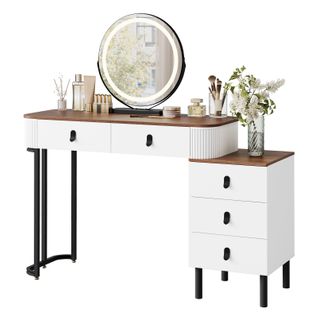 Coiffeuse Avec Miroir LED Réglable, Avec Tiroirs, 1 Commode,Miroir Pivotant,Effet Bois Marron Orangé