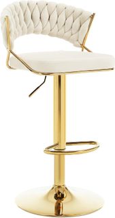 Tabouret De Bar Avec Dossier Tissé, Pivotant, Hauteur Réglable, Base En Métal, En Velours, Crème