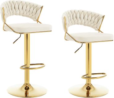 2 X Tabouret De Bar Avec Dossier Tissé, Pivotant, Hauteur Réglable, Base En Métal, En Velours, Crème