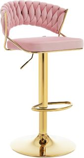 Tabouret De Bar Avec Dossier Tissé, Pivotant, Hauteur Réglable, Base En Métal, En Velours, Rose