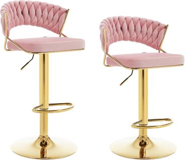 2 X Tabouret De Bar Avec Dossier Tissé, Pivotant, Hauteur Réglable, Base En Métal, En Velours, Rose