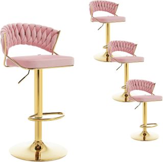 4 X Tabouret De Bar Avec Dossier Tissé, Pivotant, Hauteur Réglable, Base En Métal, En Velours, Rose