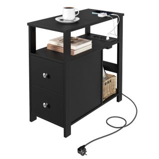 Table D'appoint Avec Prise Intégrée, Table De Chevet Avec 2 Tiroirs 2 Étagères, 60x60x30cm, Noir