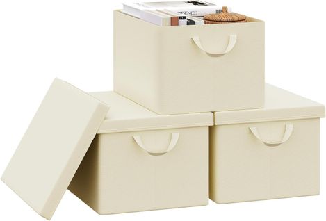 Lot De 3 Boîte De Rangement Pliable, Panier De Rangement En Tissu, Avec Poignées, Crème, 43x26x33cm