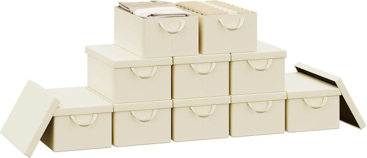 Lot De 10 Boîte De Rangement Pliable, Panier De Rangement En Tissu, Avec Poignées, Crème,48x20x29cm