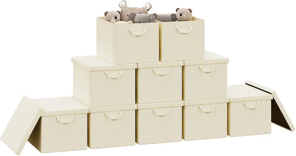 Lot De 10 Boîte De Rangement Pliable, Panier De Rangement En Tissu, Avec Poignées, Crème,48x30x36cm