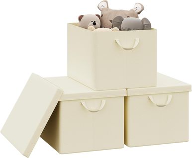 Lot De 3 Boîte De Rangement Pliable, Panier De Rangement En Tissu, Avec Poignées, Crème, 48x30x36cm