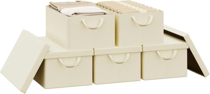 Lot De 5 Boîte De Rangement Pliable, Panier De Rangement En Tissu, Avec Poignées, Crème, 48x20x29cm