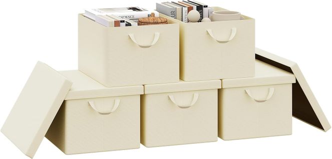 Lot De 5 Boîte De Rangement Pliable, Panier De Rangement En Tissu, Avec Poignées, Crème, 43x26x33cm