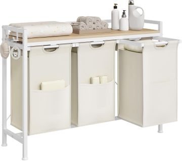 Panier à Linge 3 Compartiments,40l/panier, Avec Étagère, En Tissu Oxford Amovible,blanc+chêne Clair