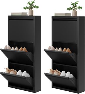 Pack De 2 Armoire à Chaussures, 18 Paires, 3 Compartiments, Porte Abattante, Noir, 50x15x106 Cm