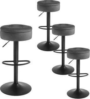 4 X Tabouret Bar Haut, Pivotant à 360°, Tabouret Avec Repose-pieds, Velours + Métal, Gris Foncé
