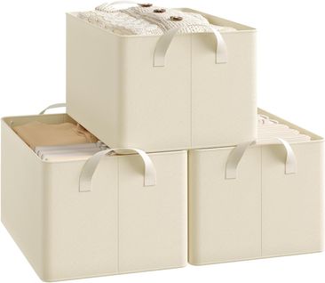 Lot De 3 Boîte De Rangement Ouverte En Tissu, Panier Rangement Pliable, Crème, 37,5x26x20 Cm