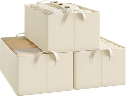 Lot De 3 Boîte De Rangement Ouverte En Tissu, Panier Rangement Pliable, Crème, 47x28x20 Cm