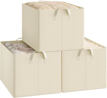 Lot De 3 Boîte De Rangement Ouverte En Tissu, Panier Rangement Pliable, Crème, 47x35x30 Cm