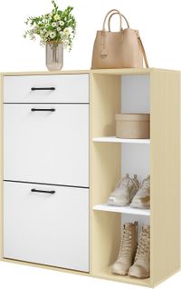 Étagère à Chaussures Avec Tiroir Et Compartiments Rabattables Et Ouverts, Blanc + Bois Naturel