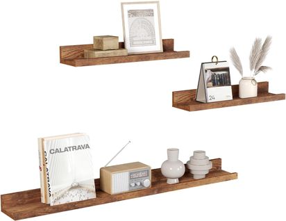 Lot De 3 Étagère Murale, Étagère Flottante, Avec Rebord, Décoration Murale, Marron Rustique