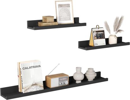 Lot De 3 Étagère Murale, Étagère Flottante, Avec Rebord, Décoration Murale Pour Cadre Photo,noir