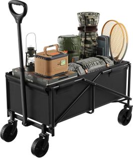 Chariot à Roulettes, Chariot De Jardin Pliable, Poignée Réglable, Roues Avec Freins, Noir