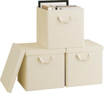 3 Xcubes De Rangement Pliable 33x33x31,5cm,boîtes Rangement Tissu Avec Couvercle,avec Poignée,crème