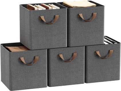 Lot De 5 Boîte Rangement Pliable En Tissu, Avec Poignée, Cadre En Métal, 26x26x26,5 Cm, Gris